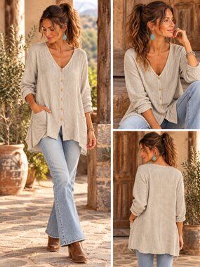 FLAX Women Med Linen Tunic Shirt Top Light Tan Striped Button Down Long Sleeve